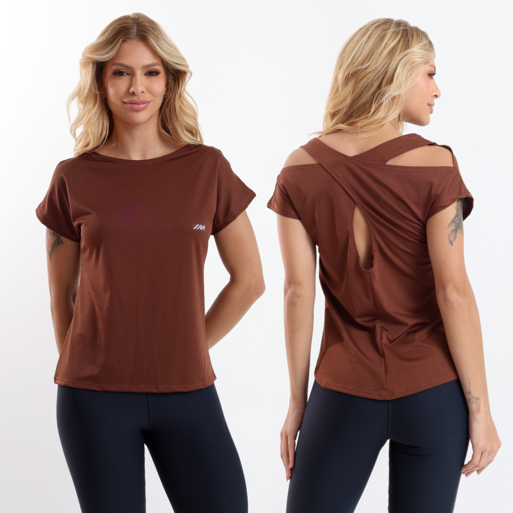 Camiseta Feminina Dry Fit Costas Cruzadas Abertura Academia Blusa Poliamida Estilosa Treino Caminhada Corrida Musculação