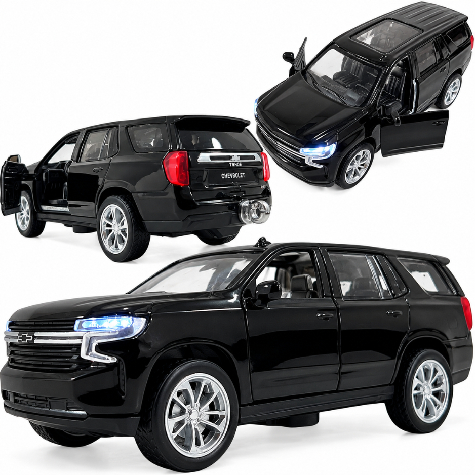 Miniatura metal Chevrolet Tahoe Z7 abre portas fricção som e luz premium