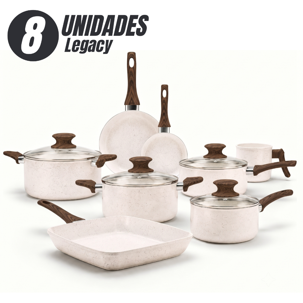 Jogo de Panelas Legacy Cerâmica Antiaderente 8 Peças com Tampa de Vidro Kit Cozinha Premium