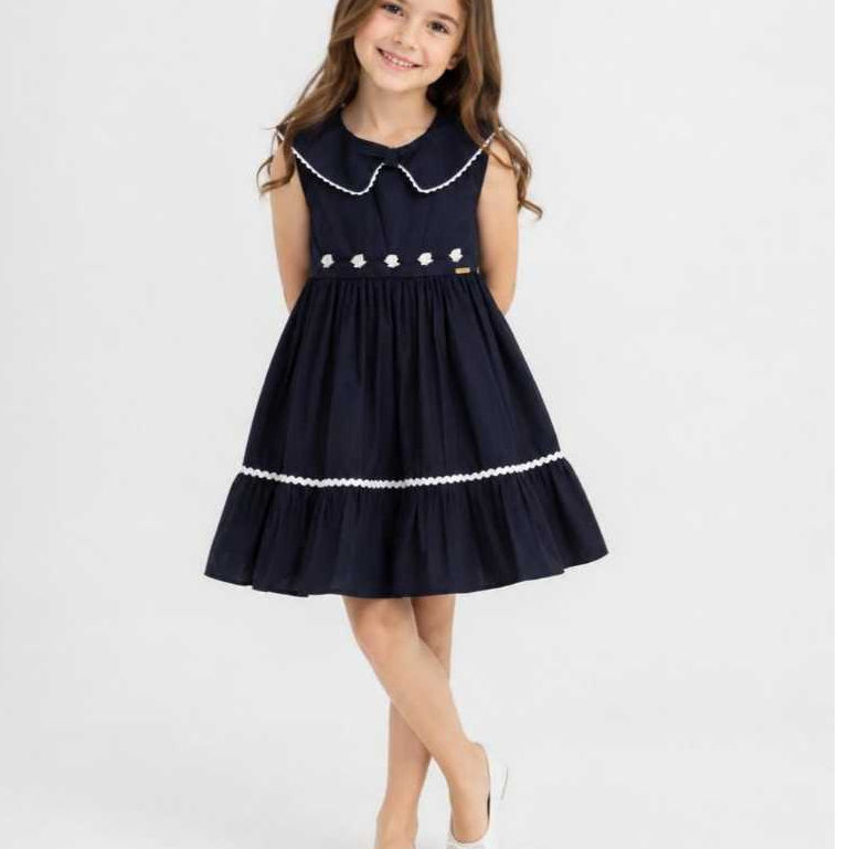 Vestido Infantil Feminino Azul Marinho Gola Boneca Bordado Festa Chik Nina