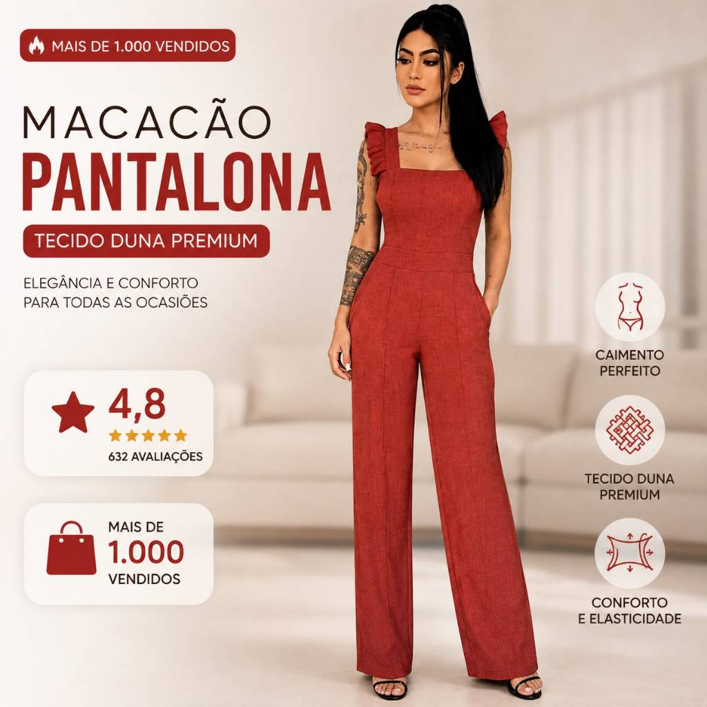 Macacão Longo Feminino Pantalona Flare Wide Leg Tecido Duna Frente Pinsado Macaquinho