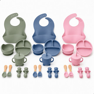 Kit Alimentação para Bebê criança Prato Babador Copo Silicone Infantil menino menina 8pçs
