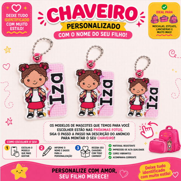 CHAVEIRO PLÁTIFICADO DE IDENTIFICAÇÃO TAG COM MASCOTE | CHAVEIRO PARA MOCHILA | TAG DE MOCHILA