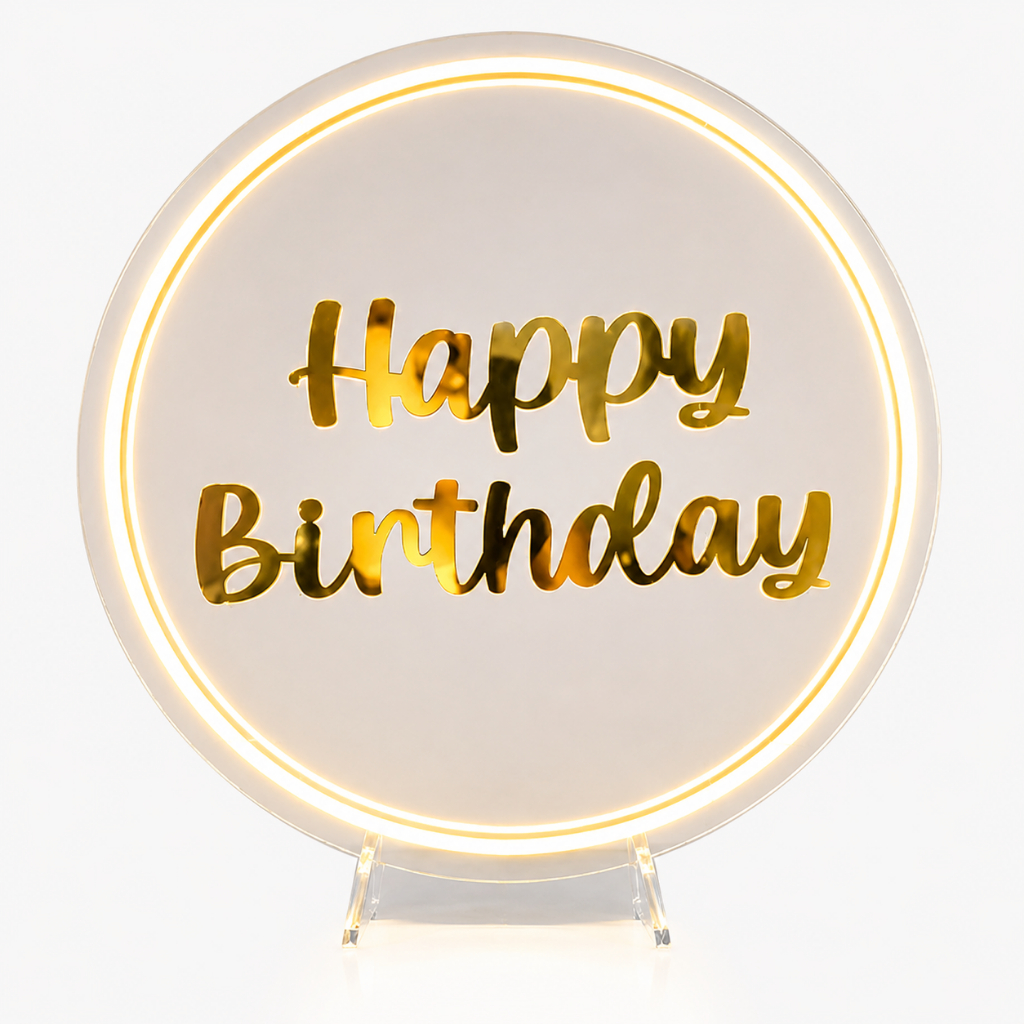 R2-Painel LED Neon Happy Birthday 30cm Oferta Acrílico Dourado Base de Mesa Decoração Festa Aniversário.