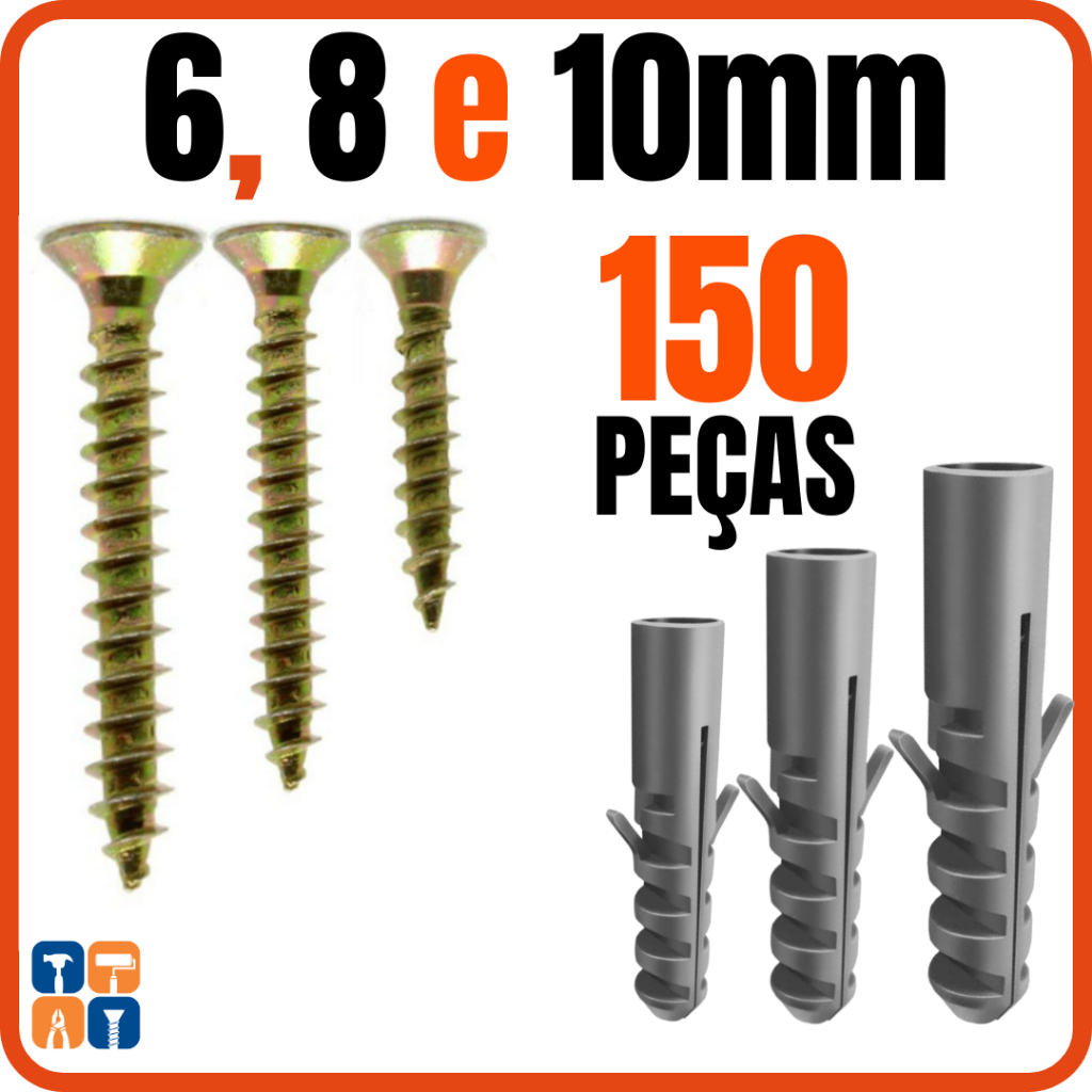Kit Parafusos e Buchas 6mm 8mm 10mm com Kit Parafusos 6 8 10 Philips e Bucha Comum Jogo Parafuso
