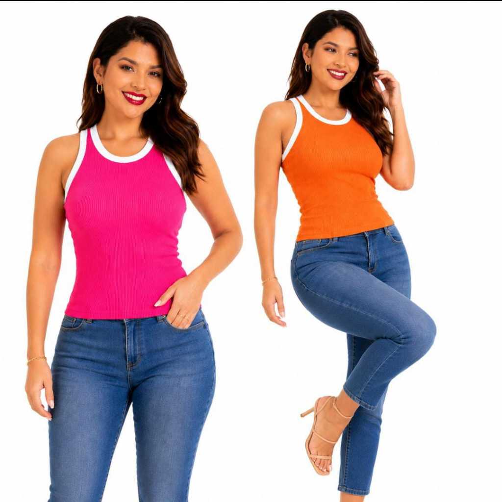 Kit com 2 Blusa Regata Feminina em Malha Canelada Premium Confortável Social Americana Básico Dia a dia