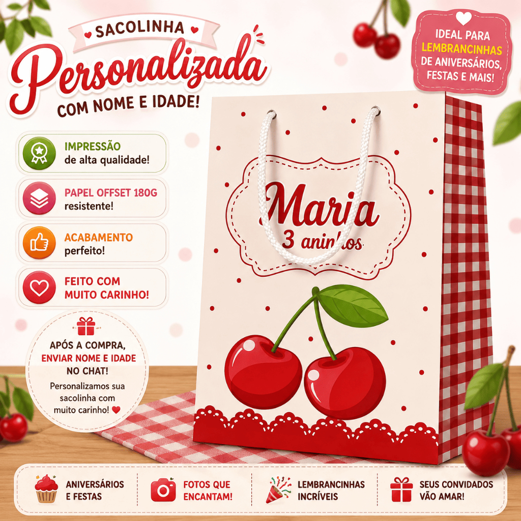 Sacolinha Personalizada Cereja | Lembrancinha Para Aniversario | Festa