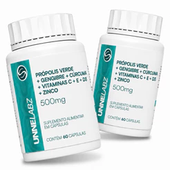 Própolis Verde + Gengibre + Cúrcuma + Vitaminas C E D3 + Zinco 500mg UNNELABZ Original 60 Cáps