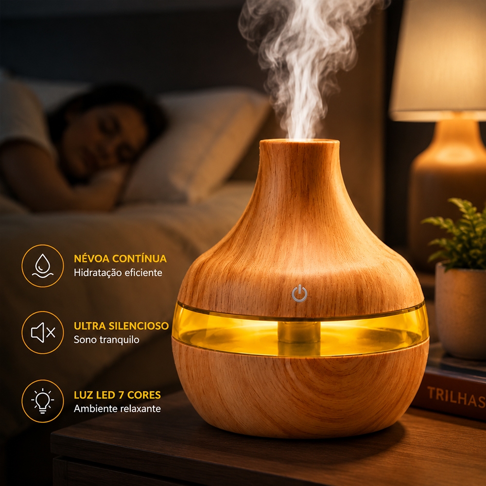 Umidificador De Ar E Aromatizador Silencioso Com Luz Led De 7 Cores Design Multifuncional