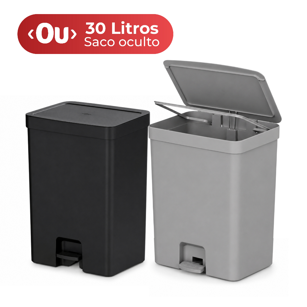 Lixeira de Pedal 30 Litros Lixeira para Cozinha Banheiro Linha Trium Cinza Preto