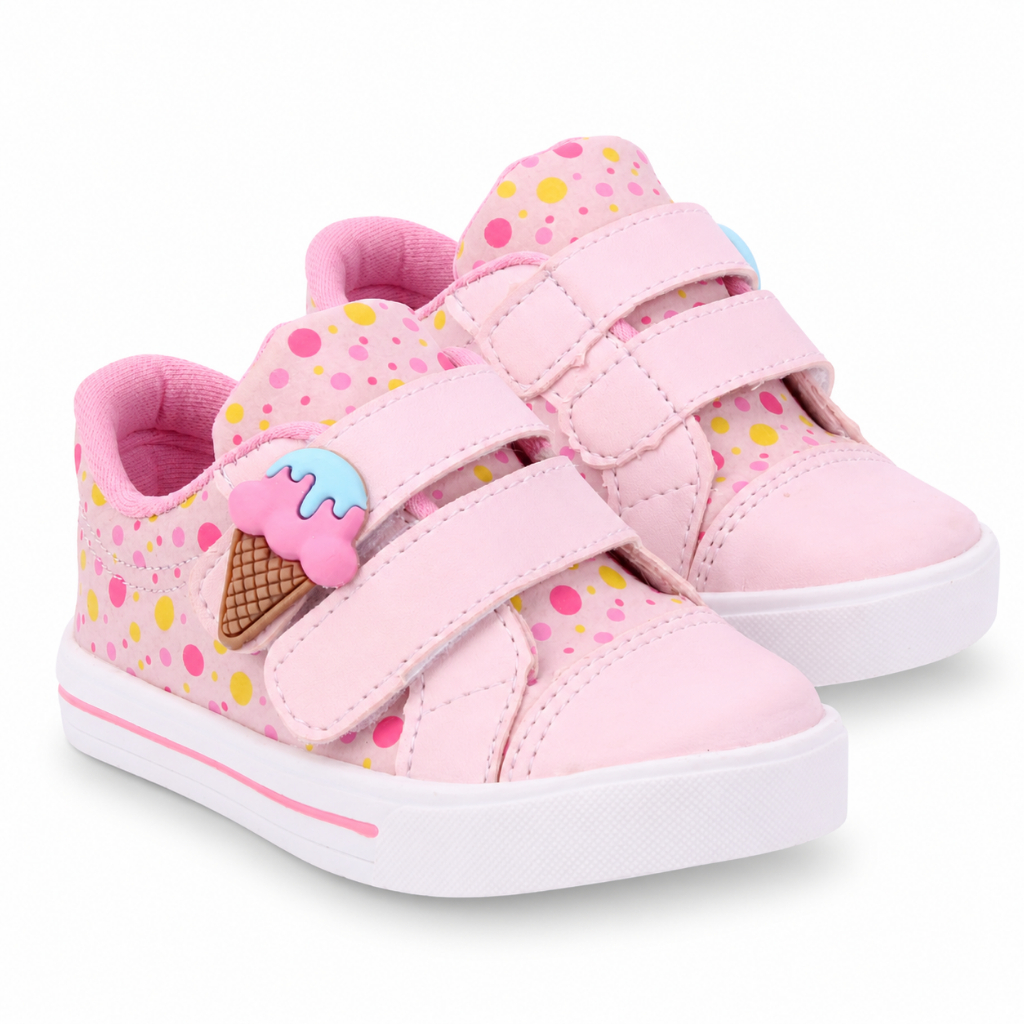 Tênis Infantil Feminino Bee Happy  Calce Fácil Confortável Sorvetinho Meninas Rosa Preto e Nude