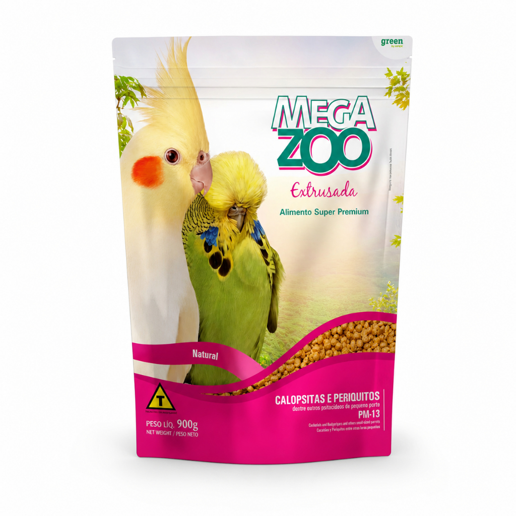 Ração Megazoo Calopsitas e Periquitos PM13 900g Super Premium Extrusada Alimento Completo
