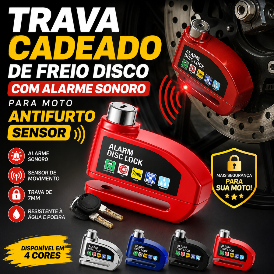 Trava Cadeado De Freio Disco Com Alarme Sonoro Para Moto Sensor Antifurto Reforçado