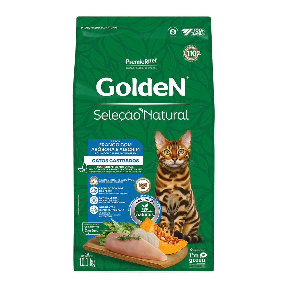 Ração Golden Seleção Natural Gatos Adultos Castrados Frango com Abóbora e Alecrim 10,1kg