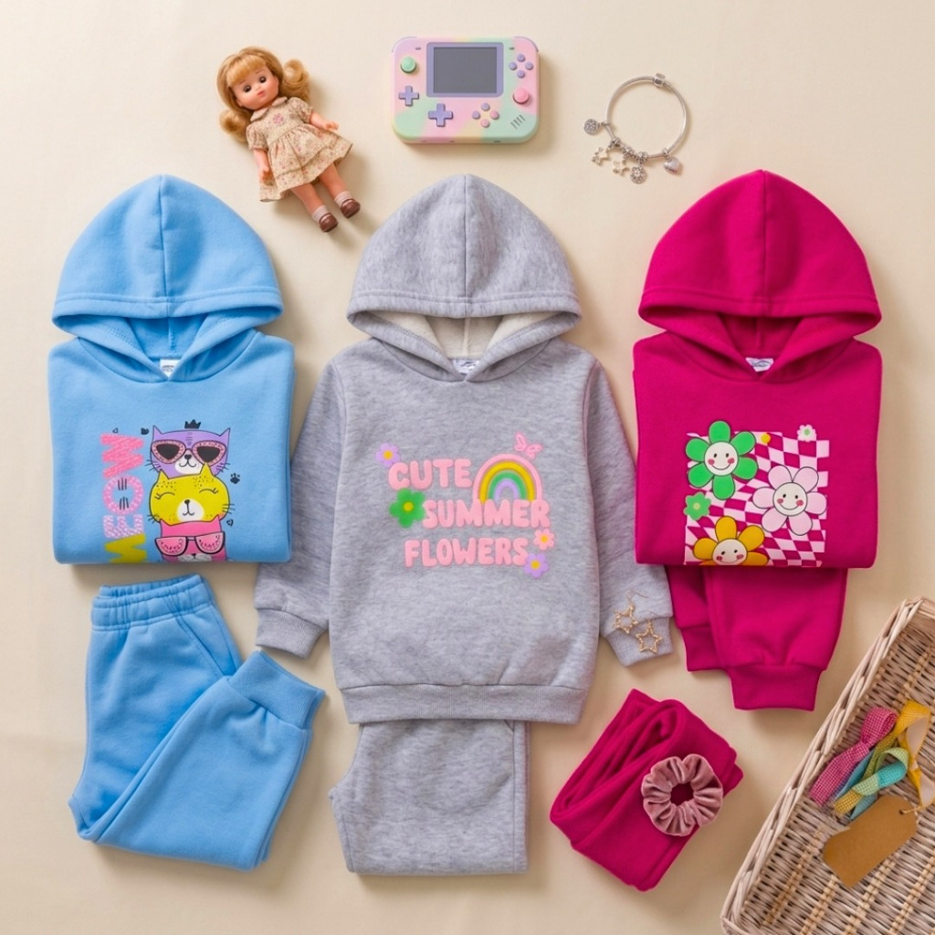 Kit 2 Agasalho de Moletom Infantil Feminino com Blusa e Calça com Punho Flanelado e Forrado em Algodão Liso e Estampado