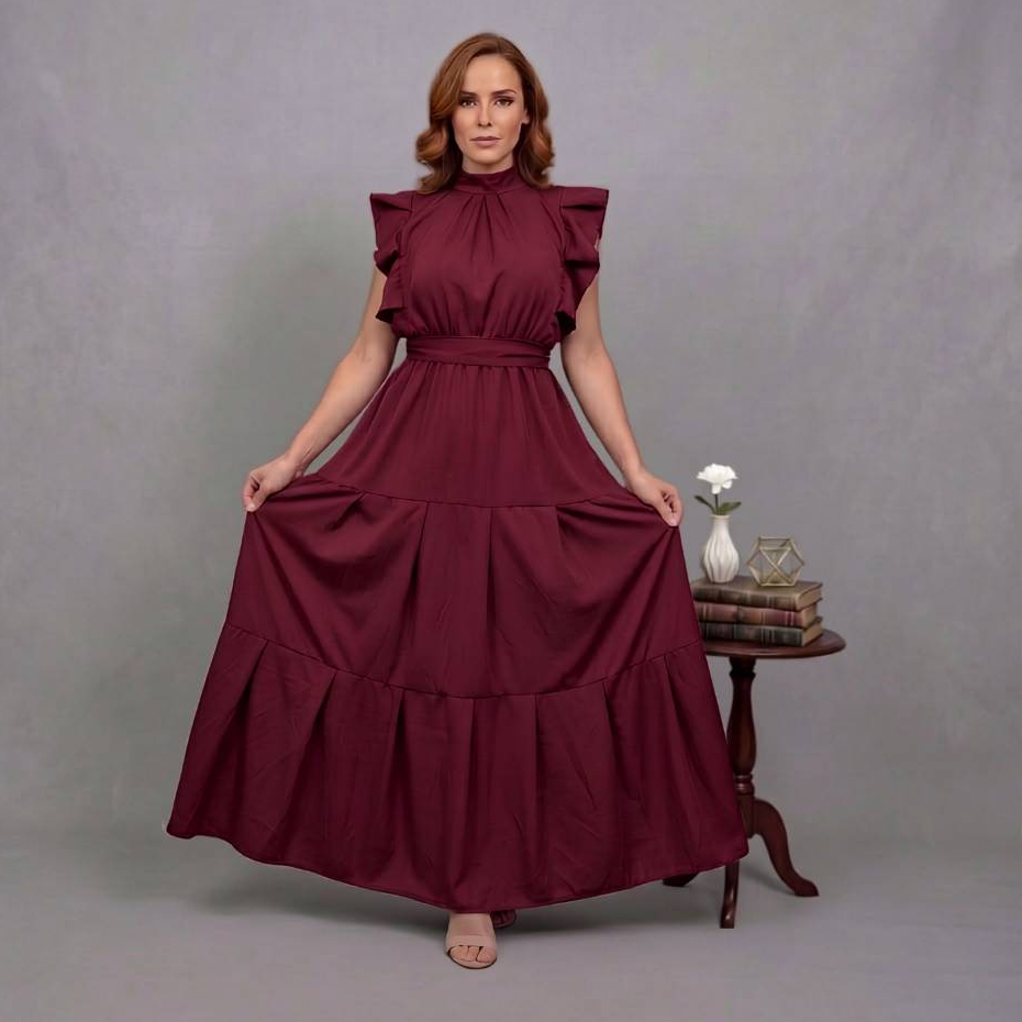 Vestido Feminino Longo  Elegante gola Alta Evangélico e Festa Saia três Marias Tecido Crepinho Premium