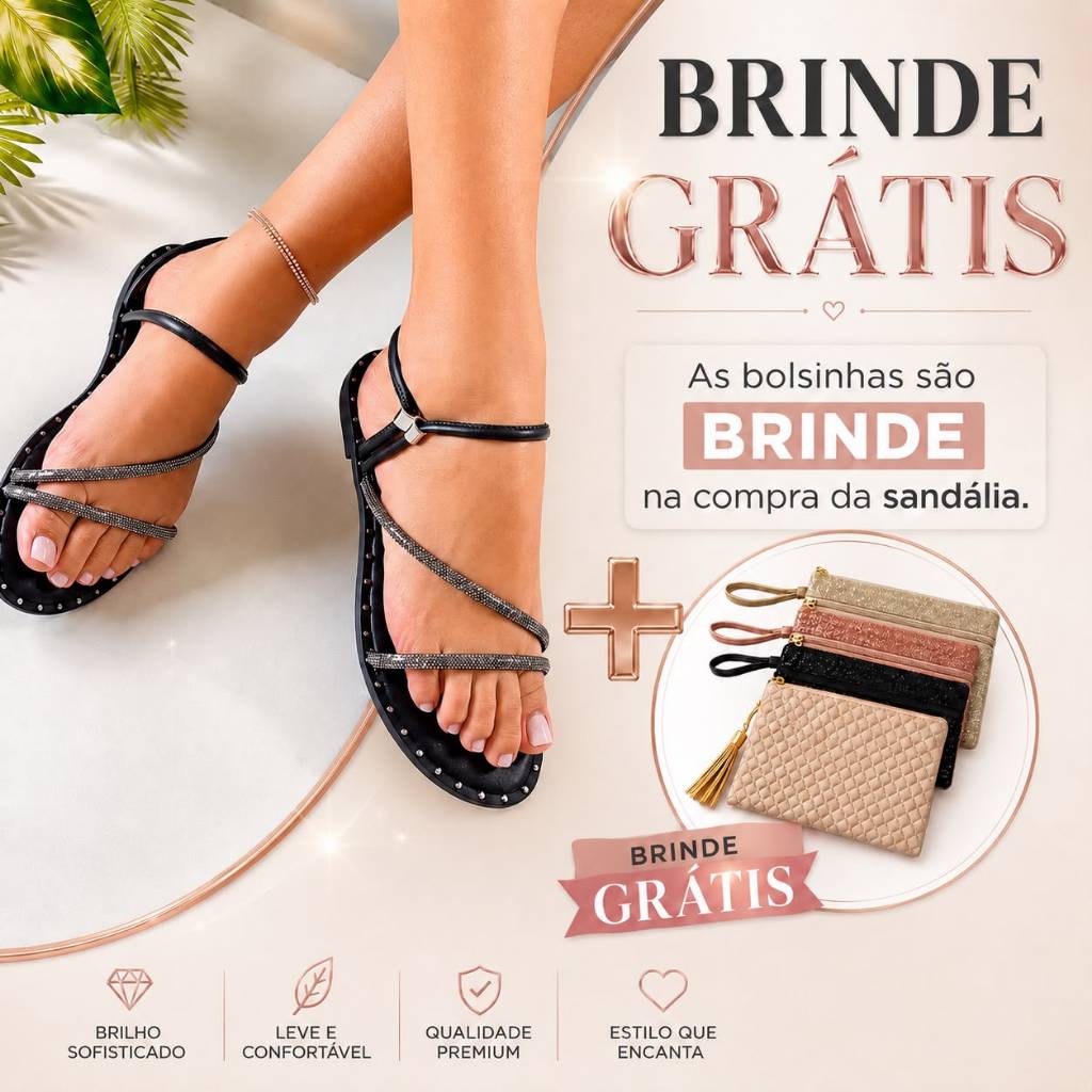 Kit Sandália Feminina Rasteira com Strass e Pedraria + Bolsinha Grátis Tiras Delicadas Cruzadas Elegante Confortável par