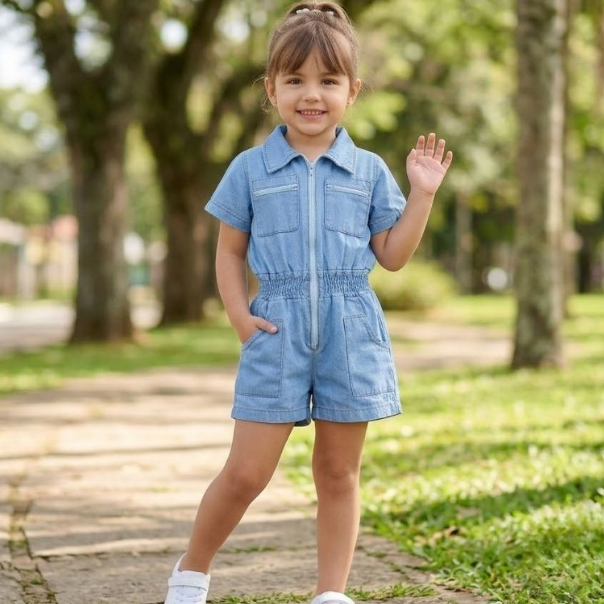 Macacao Macaquinho Jardineira Jeans Infantil Feminina Menina Blogueirinha Diva Luxo Rosa