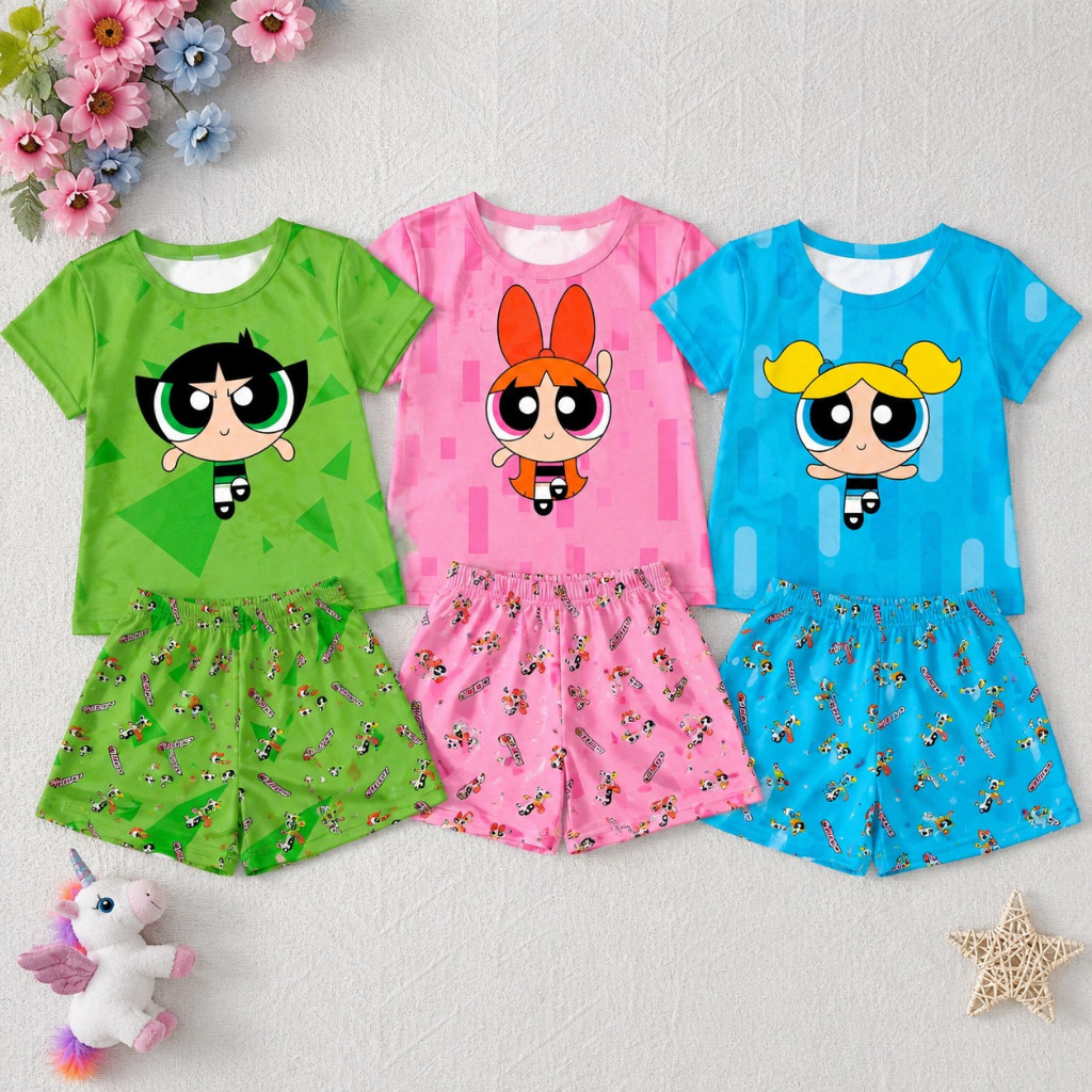 Kit 3 Pijamas Baby Doll Infantil Menina Superpoderosas Blusa e Short Confortável