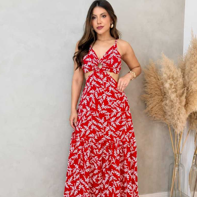Vestido Estampado Duna Feminino Longo com Bojo Forrado Alça Regulável e Argola
