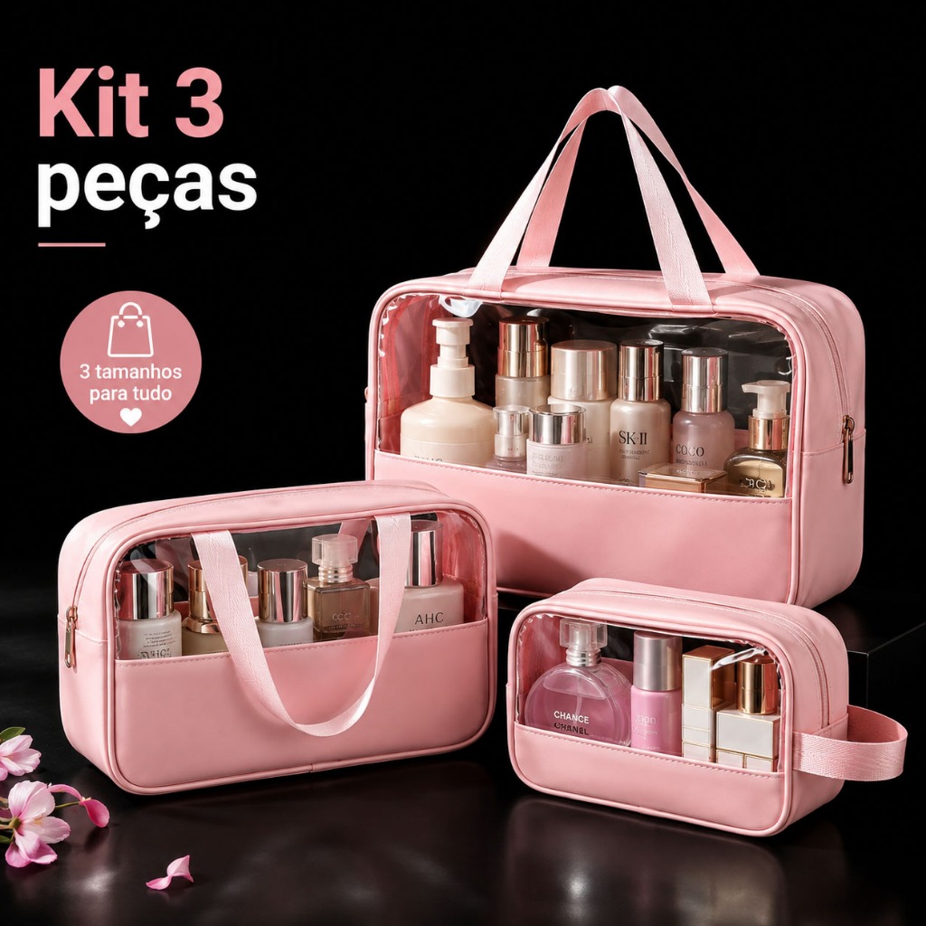 Kit 3 Bolsas Necessaire Feminina PU Transparente Impermeável 3 Tamanhos Maquiagem com Alça para Viagem Hotel Academia