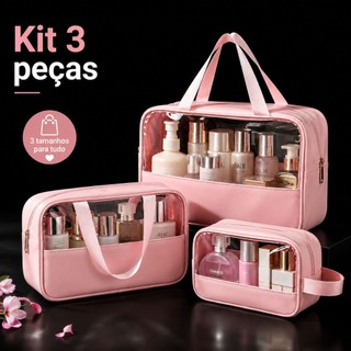 Kit 3 Bolsas Necessaire Feminina PU Transparente Impermeável 3 Tamanhos Maquiagem com Alç…