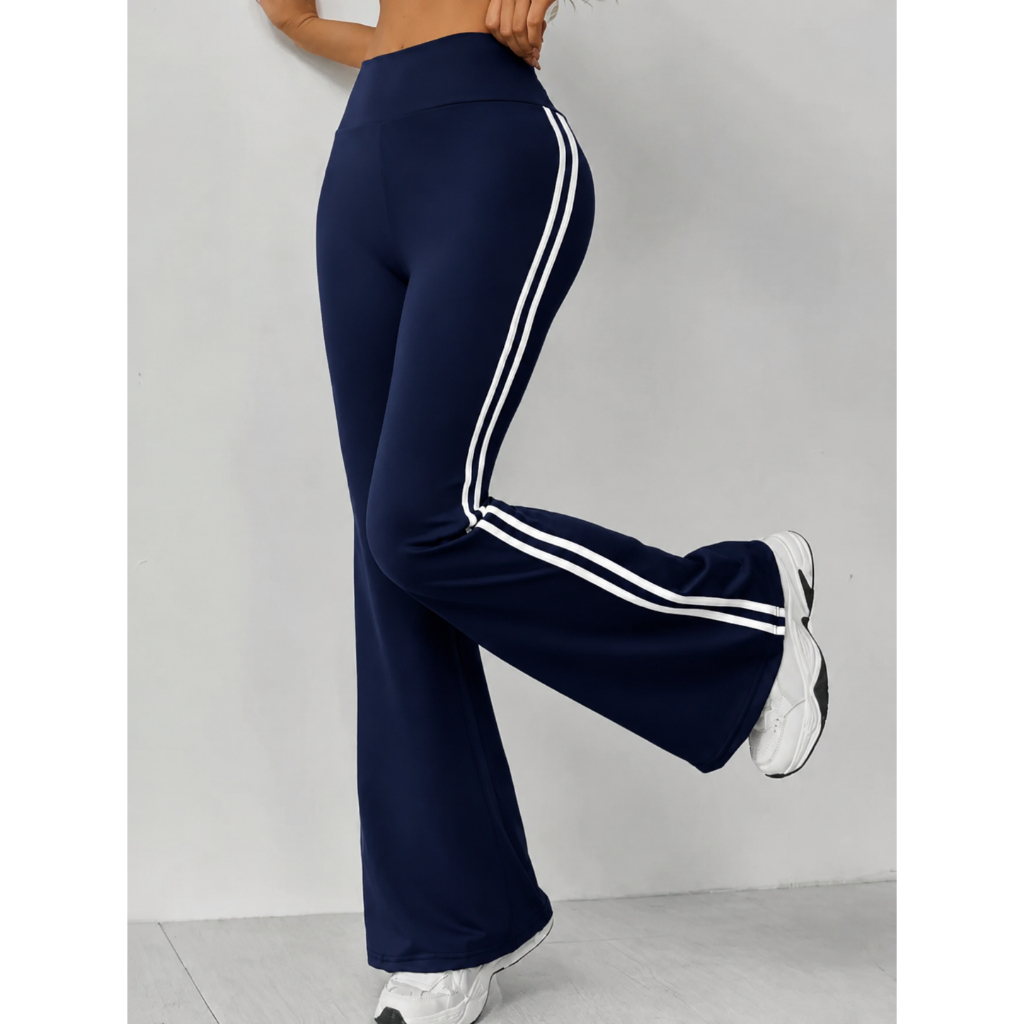 Calça Flare Bailarina Legging Feminina Cós Alto Suplex Listras Lateral Academia Uniforme Zero Transparencia Boca de Sino