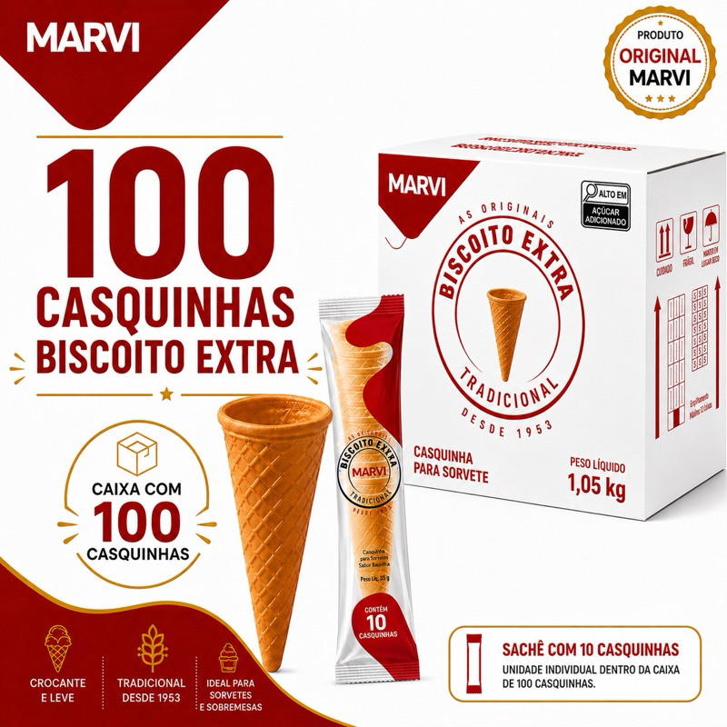 Casquinha Biscoito Extra Marvi - Crocante e Vegano, Sabor Baunilha