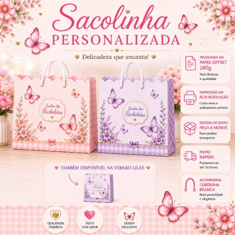 Sacolinha Personalizada Jardim das Borboletas | Lembrancinha Festa Infantil | Pegue e Monte