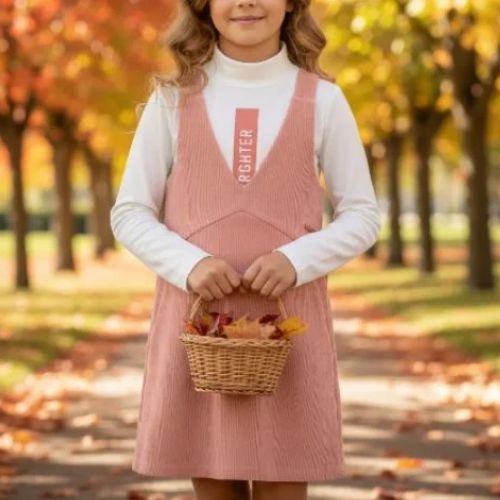 Conjunto Infantil Feminino Salopete Rosa em Veludo + Blusa Gola Alta - Carinhoso TAMANHO 06