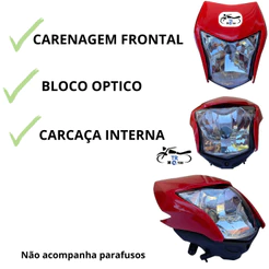 Carenagem Do Farol + Bloco Optico H4 + Carcaça Interna Nxr Bros 150 2013 Vermelho Caucaia Vermelha