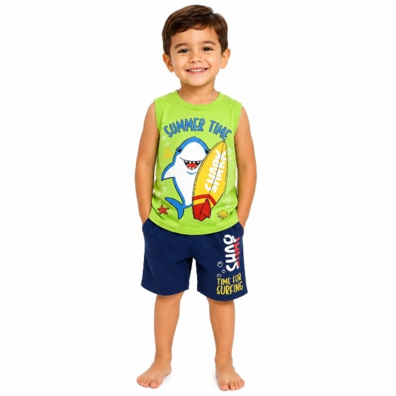 Conjunto regata malha 100% algodão infantil de menino tubarão