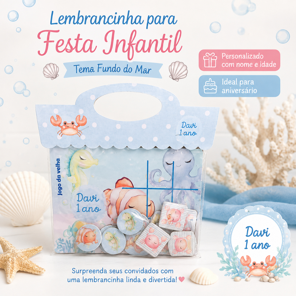 Jogo da Velha Personalizado MADEIRA Fundo do Mar | Lembrancinha Infantil Festa Aniversário TODOS OS TEMAS
