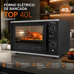 Forno Elétrico de Bancada Fogatti 40 Litros Top40 Black Com Grill/Dourador e Fácil Limpeza