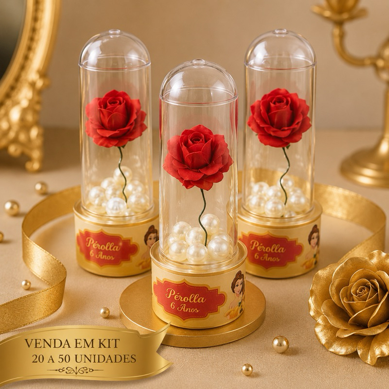 Kit Lembrancinhas Bela e a Fera – Aniversário Mini Rosa com Pérolas Personalizada - 20 a 50 unidades - vermelho