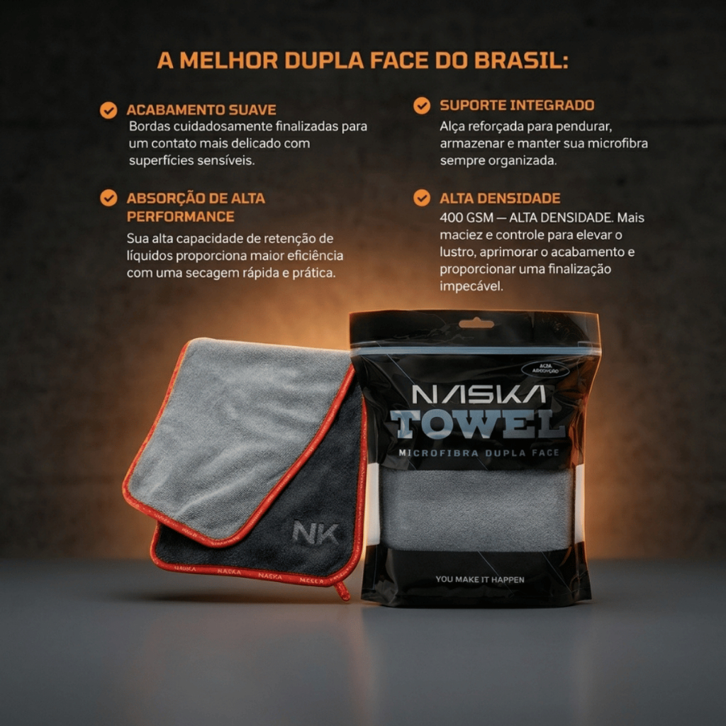 Toalha Dupla Face Microfibra Premium NASKA 400GSM 50x90cm Alta Absorção Secagem Automotiva Carro