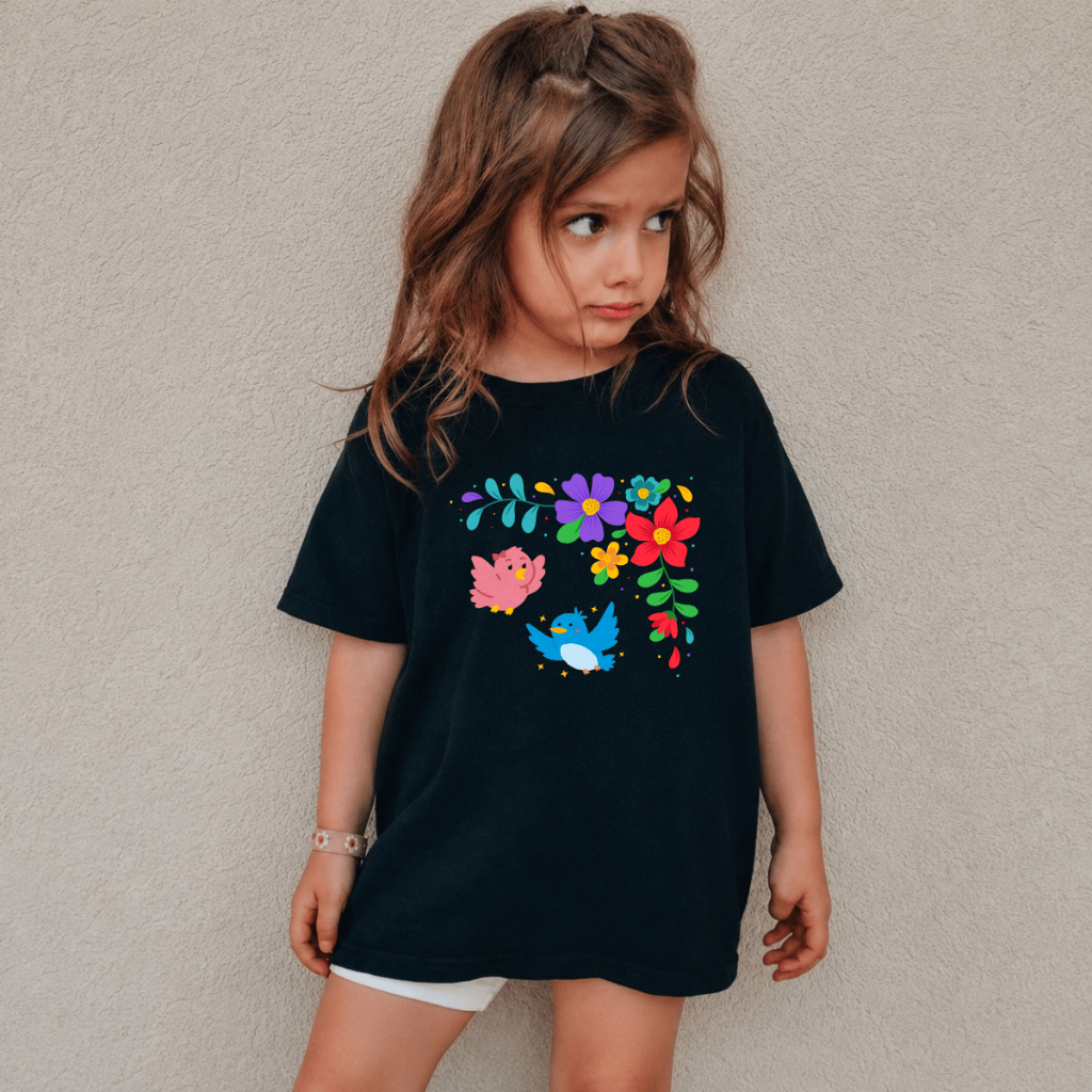 Camiseta Feminina Infantojuvenil 100% Algodão Confortável Estampada Desenho Flores Pássaro Fofo Colorido Blusa Casual