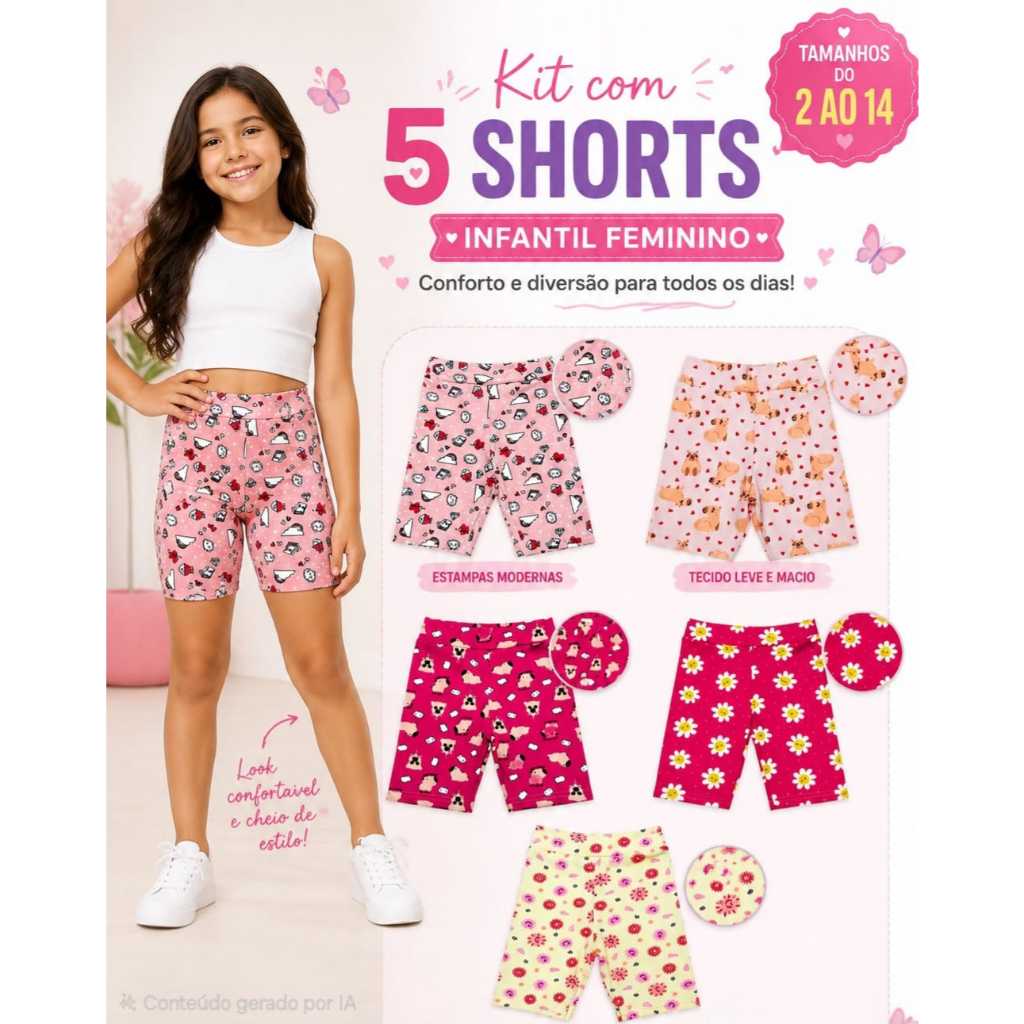 Kit com 5 Shorts Feminino Infantil