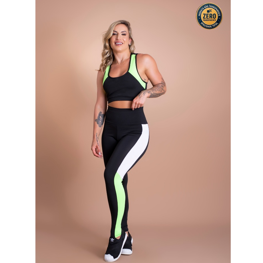 Conjunto Fitness Feminino Top Com Decote Costas E Calça Legging Cintura Alta Detalhe Lateral Academia ZERO TRANSPARÊNCIA