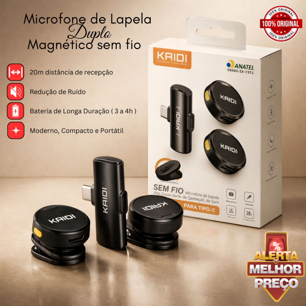 Microfone de Lapela Bluetooth Sem Fio Portátil Antirruído Magnético 20m Distância Opções Simples - Duplo - Redondo Duplo
