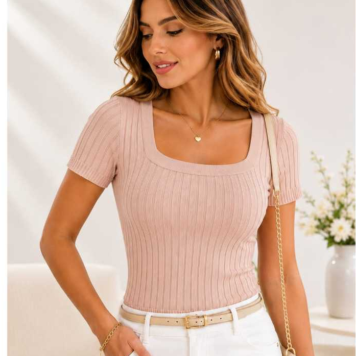 Blusa Feminina Tricot Canelado Decote Quadrado Manga Curta Básica Casual Elegante