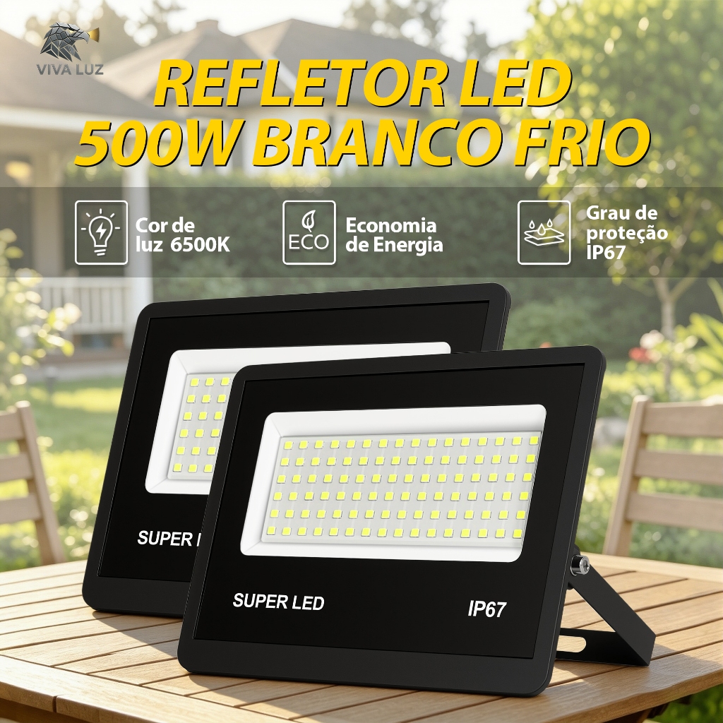 Kit 2-6 Refletor Holofote LED 500W Bivolt IP67 Branco Frio 6500K Externo Prova D'água Jardim