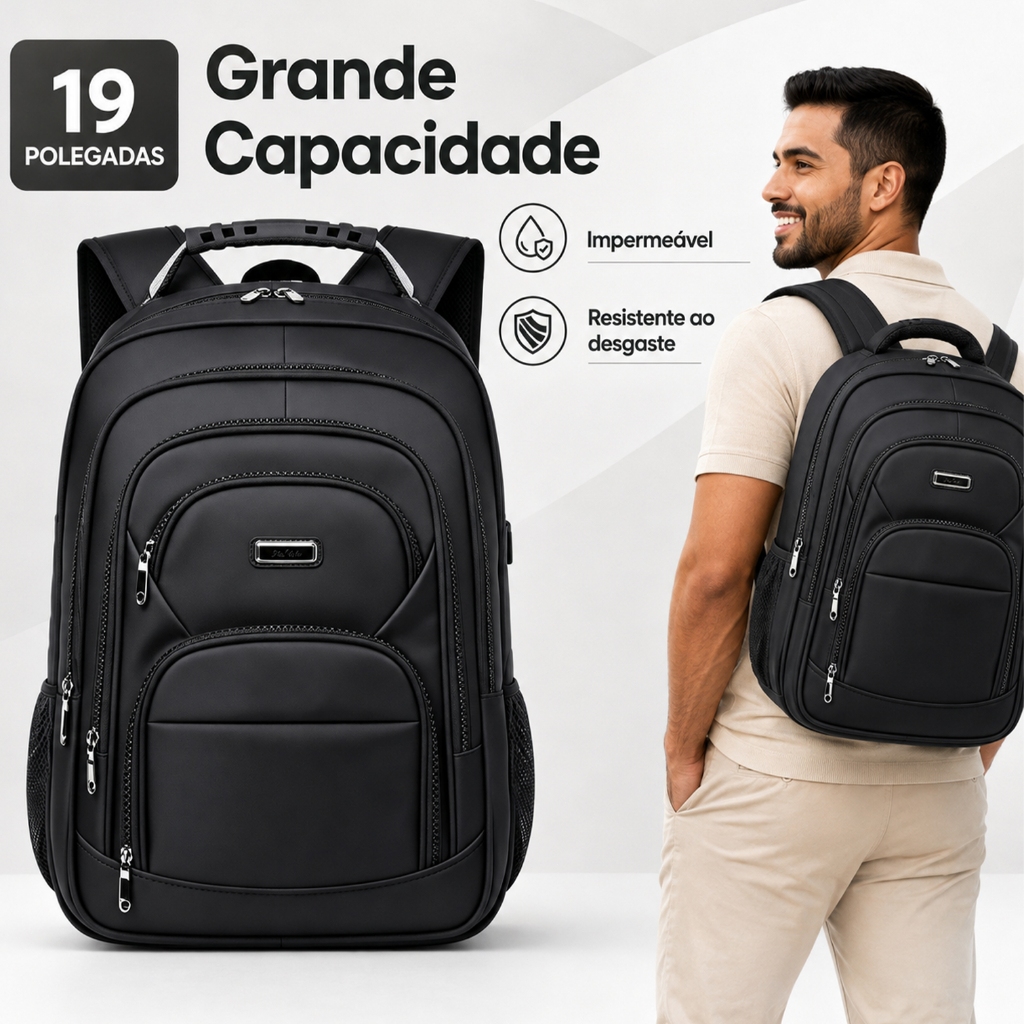 Mochila Executiva 19" Cadeado Senha Resistente à Água Desgaste Notebook USB Grande Capacidade Trabalho Viagem