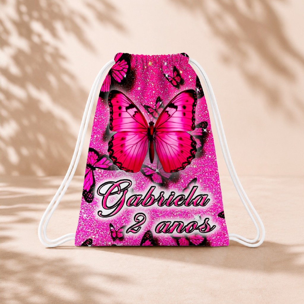 10 Mochila Personalizada Infantil 18x26 Sacolinhas Surpresa Festa Aniversário Lembrancinha Borboleta Rosa M2