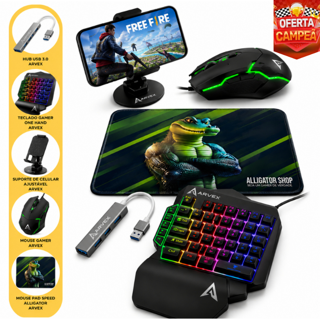 Kit Mobilador Gamer Completo Teclado One Hand Uma Mão Mouse Mousepad Suporte Para Celular