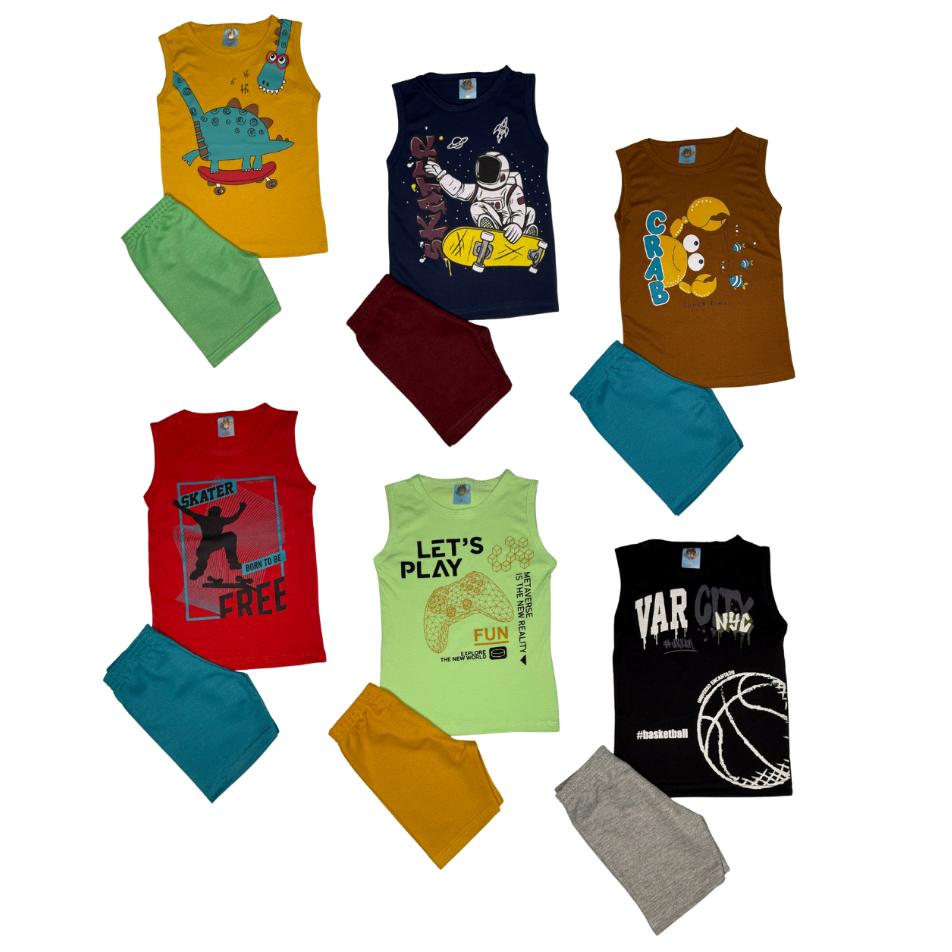 Kit 2 Conjuntos Sortido Regata Menino Verão 2 Regatas 2 Bermudas TAM 1 ao 8