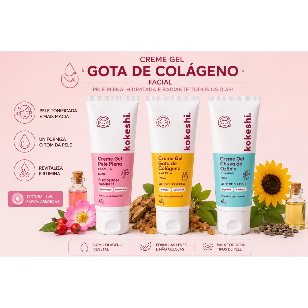 Linha Ozônio Kokeshi unidades Cremes Faciais Óleo de Girassol Colageno Pele Plena Rosa Moqueta 45g