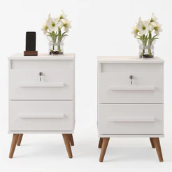 Kit 2 Mesas De Cabeceira Box Quarto Com Chave 2 Gavetas Chave Branco