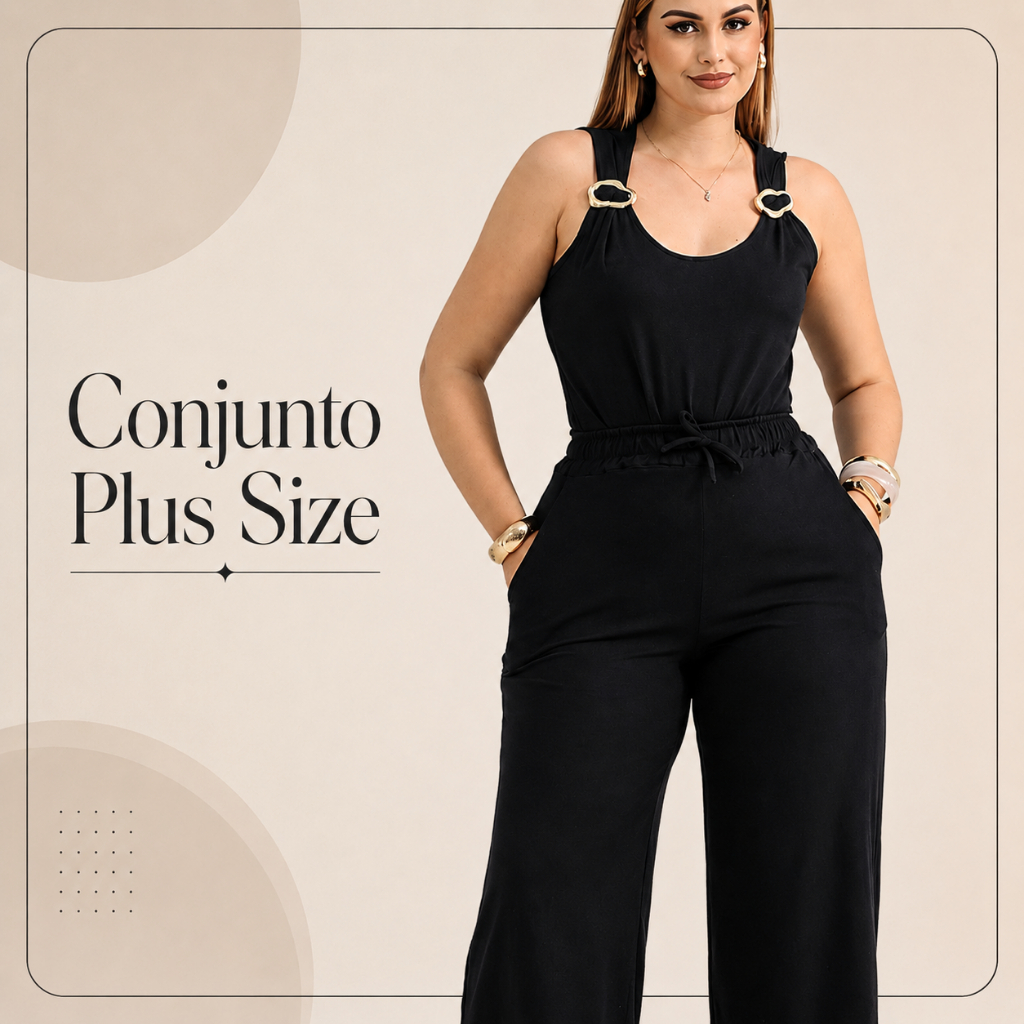 Conjunto Feminino Luna Calça + Blusa Regata com Fivela Elegante Moderno Casual Confortável Tamanho unico 44 ao 50