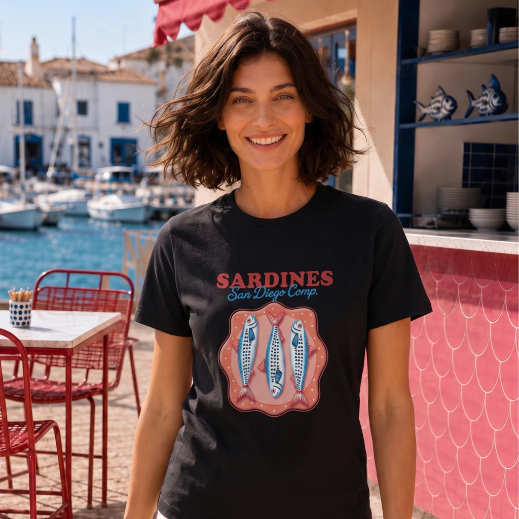 Camisa Feminina Elegante T Shirt Estampa Sardinhas Peixes Retrô Praia Verão Divertida Moda Gringa — imagem 1